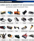 Various accessories for Quick-Attach Tracked Mini Skid Steer Loader With 10-Second Attachment Swap System. Includes auger, broom, bucket.