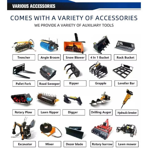 Various accessories for Quick-Attach Tracked Mini Skid Steer Loader With 10-Second Attachment Swap System. Includes auger, broom, bucket.