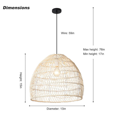Two Pack Woven Rattan Pendant Lights for Kitchen Island and Living Room, Minimalist Farmhouse Ceiling Chandeliers, dimensions shown