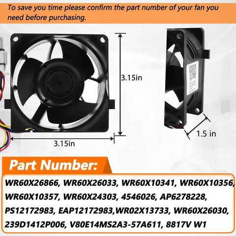 Beefed-Up OEM Refrigerator Evaporator Fan Motor WR60X26866 Replacement, front and side view, dimensions labeled