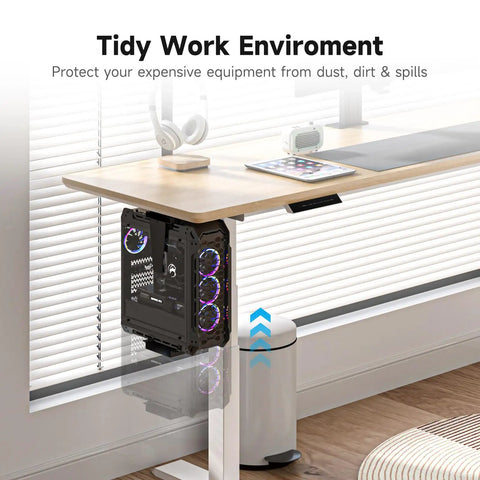 Adjustable Under Desk PC Mount And Wall CPU Rack With Full 360 Rotation For Organized Gaming Setups, showing PC tower mounted under desk.