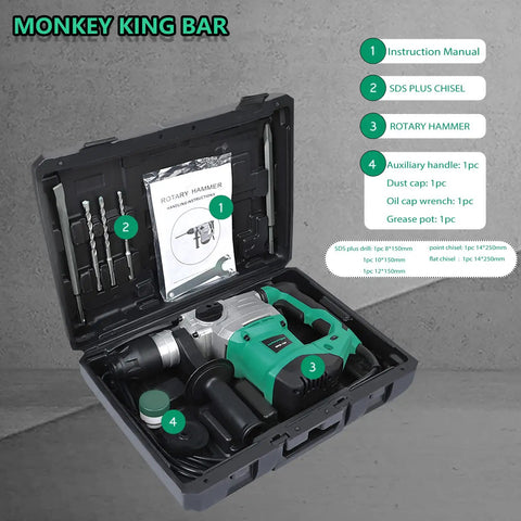 SDS Plus Rotary Hammer Drill Kit With 11 Pc Accessories, 12 Amp 1500W 120V 60Hz Concrete Drill in open case
