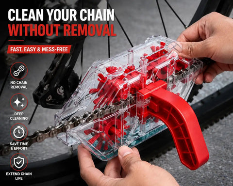 Easy To Use Bike Chain Cleaner Tool With Transparent Design For Real Time Cleaning And A Quick Release Handle shown on a bike chain