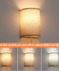Set Of Two Wall Sconces With Plug In Power, 3 Way Dimmable Lighting In 2700K 4000K And 5000K, Classic Fabric Linen Lamp Shades