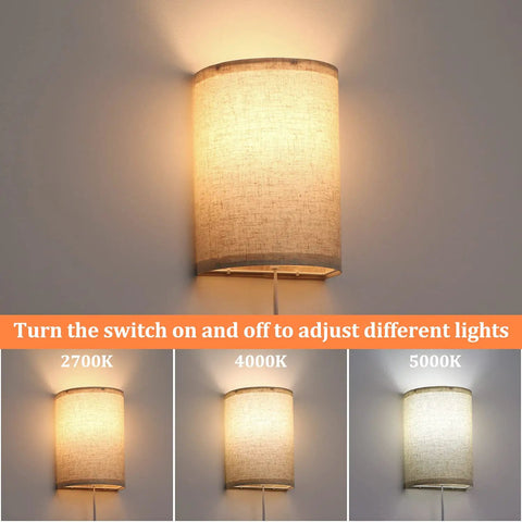 Set Of Two Wall Sconces With Plug In Power, 3 Way Dimmable Lighting In 2700K 4000K And 5000K, Classic Fabric Linen Lamp Shades