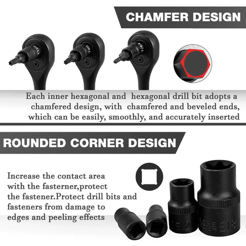 Chamfer design on 107 Piece Bit Socket Set With 1/4 3/8 And 1/2 Inch Drives Torx Tamper Proof Extra Long Hex Ball End Hex