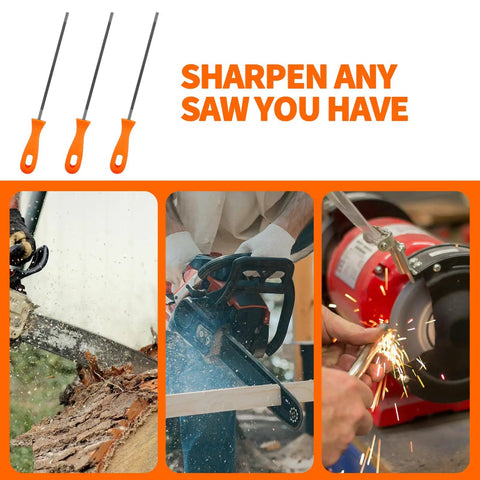 Pro Grade Three Size Chainsaw Sharpening File Set Five Thirty Second Inch Seven Thirty Second Inch And Three Sixteenth Inch With Plastic Handle Round Steel Files displayed with usage examples.
