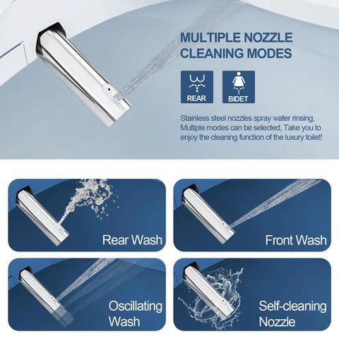Stainless steel nozzle with multiple washing modes for Straight Up Premium Electric Heated Bidet Toilet Seat For Round Toilets Featuring Turbo Wash And Quick Air Dry Plus Triple Warmth Settings Smooth Close Lid And Wireless Remote With Led Night Light.