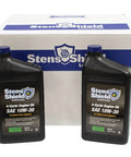 Two bottles of Stens Shield 4-Cycle Engine Oil SAE 10W-30 in front of a Stens Shield box, suitable for maintenance needs