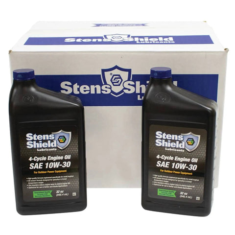Two bottles of Stens Shield 4-Cycle Engine Oil SAE 10W-30 in front of a Stens Shield box, suitable for maintenance needs