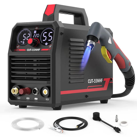 Plasma Cutter With Non High Frequency Non Touch Pilot Arc 55 Amp Dual Voltage 110 And 220V Large Digital Display Safe Blowback Start Built For DIY Hobbyists Garage And Shop Projects Smooth Reliable Cuts front view with accessories