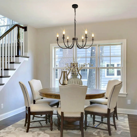 Six Light Farmhouse Chandelier Black Iron Finish Dope Dining Room Lighting Fixture With Classic Candle Style