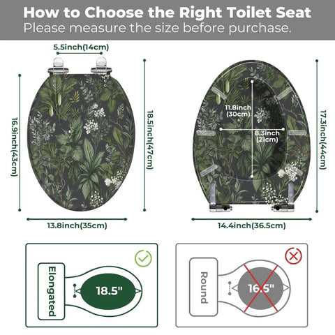 Elongated Resin Toilet Seat for Bathroom with size guide and floral design, measuring 18.5 inches in length.