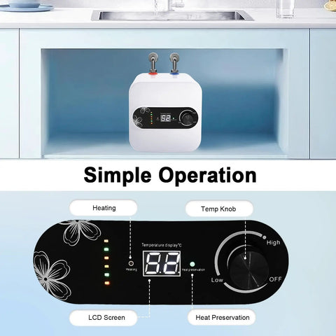 Compact 2 Point 1 Gallon Under Sink Hot Water Heater Featuring 1500 Watt Fast Heating LCD temperature display and control knobs.