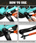 Heavy Duty Bike Crank Extractor And Bottom Bracket Removal Tool With Sixteen Millimeter Spanner For Twenty Tooth Splined Bottom Bracket Pro Grade Steel Fits Most Brands Square Taper Cranks Essential Pro Bicycle Repair Kit being used to remove crank arm from bike