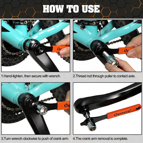Heavy Duty Bike Crank Extractor And Bottom Bracket Removal Tool With Sixteen Millimeter Spanner For Twenty Tooth Splined Bottom Bracket Pro Grade Steel Fits Most Brands Square Taper Cranks Essential Pro Bicycle Repair Kit being used to remove crank arm from bike