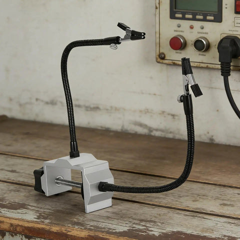 Third Hand Soldering Station With Flexible Two Arms DIY Friendly Table Vise Clamp for PCB Assembly on wooden table