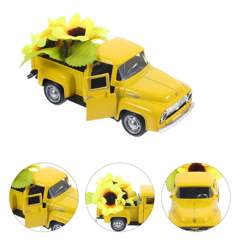 Yellow Metal Truck Decor With Artificial Sunflowers Vintage Farmhouse Charm Tiered Tray Ornament. Detailed view of truck and sunflowers.
