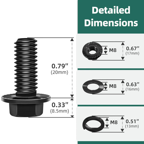 Detailed dimensions of 10 Pack M8 X 20 MM Black Zinc Flanged Hex Head Bolts With Nuts And Washers Grade 10.9 Steel.