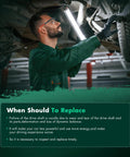Mechanic inspecting drive shaft under vehicle with text about when to replace drive shaft for optimal vehicle performance.