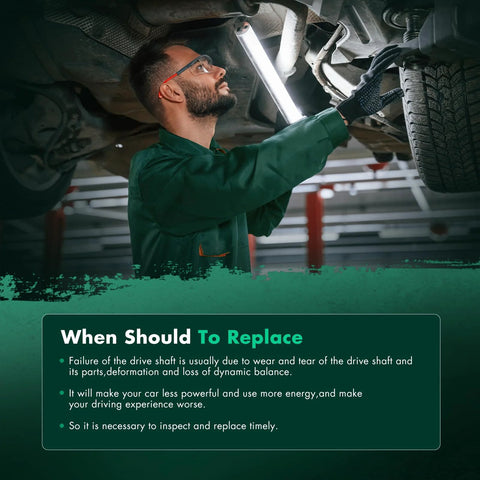 Mechanic inspecting drive shaft under vehicle with text about when to replace drive shaft for optimal vehicle performance.