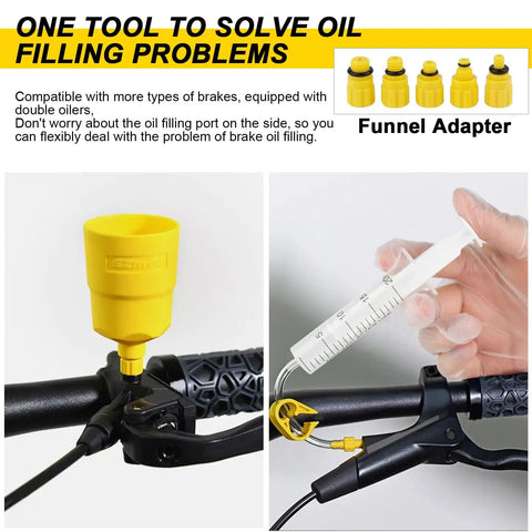 Hydraulic Brake Bleed Kit For Shimano Tektro Magura And Other Mineral Oil Brakes Includes 120ml Pro Grade Fluid Easy Bleed Tool For Road And MTB in use with yellow funnel and syringe on bike handlebar.