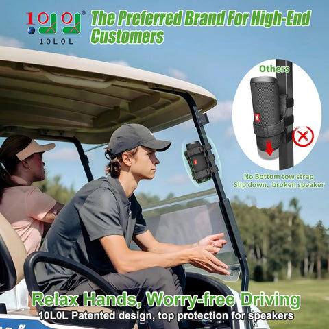 Man and woman in golf cart using Go-To Golf Cart Speaker Mount With Adjustable Straps Bluetooth Wireless Holder, anti-slip straps visible.