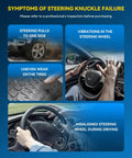 Symptoms of steering knuckle failure, showing steering pull, wheel vibrations, tire wear, misaligned steering wheel.