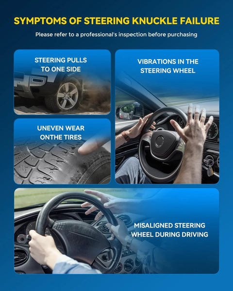 Symptoms of steering knuckle failure, showing steering pull, wheel vibrations, tire wear, misaligned steering wheel.