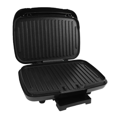Get A Top-Notch 1000W Electric Contact Grill For Sizzling Burgers And Panini showing the open grill with nonstick cooking surface.