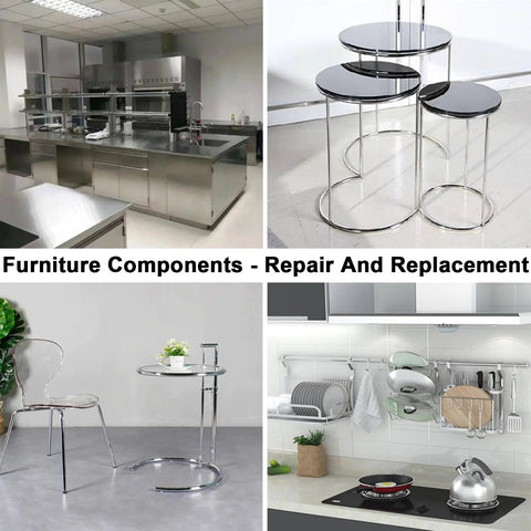 Six 1/4 in OD 304 stainless steel tubes, 12 in long, chrome-finish pipe used as furniture frames (kitchen island, round tables, wall rack).