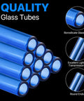Blue Borosilicate Glass Tubes Set Of 20 For Art DIY Projects, showing stacked tubes emphasizing quality and light transmission.