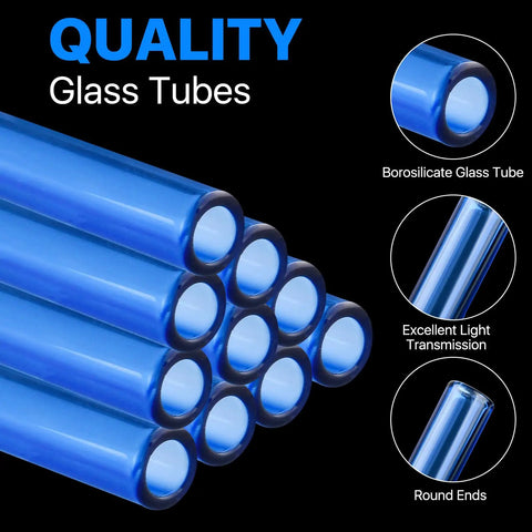 Blue Borosilicate Glass Tubes Set Of 20 For Art DIY Projects, showing stacked tubes emphasizing quality and light transmission.