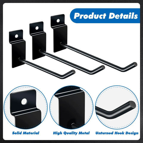 Slatwall Hooks Set 200 Pcs Includes 4 6 And 8 Inch Hooks For Garage Shop And Retail Display Versatile Hanging Hangers And Accessories Heavy Duty Build Great For Organizing Tools Gear And Display Items shown in black steel material with close-up on hook design and features