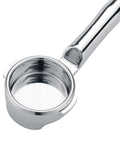 Heavy Hitter 58mm Bottomless Portafilter Fits Breville Sage Espresso Maker, stainless steel, smooth pull design, top view.