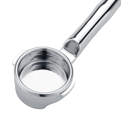 Heavy Hitter 58mm Bottomless Portafilter Fits Breville Sage Espresso Maker, stainless steel, smooth pull design, top view.