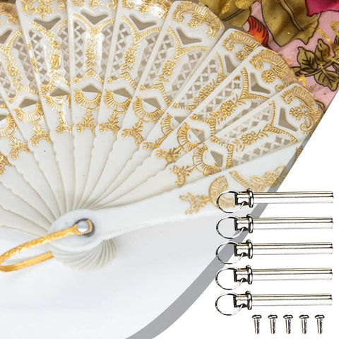 17mm Fan Rivet Nuts And Fasteners Kit For Hand Fans Repair with copper rivets next to a decorative folding fan.