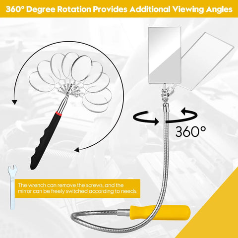 Diagram of Telescoping Inspection Mirror Kit With 4 Replaceable Mirrors Flexible Extendable Reach 360 Degree Rotating.