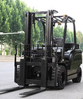 Mini Electric Forklift Pallet Stacker With Adjustable Reinforced Forks And Solid Tires For Indoor Warehouses Heavy Duty Material Handling viewed from rear, showcasing solid tires and reinforced forks.