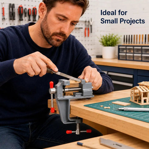 Man using Multi Functional Bench Vise With High Carbon Steel Build Mini Adjustable Clamp for DIY in workshop