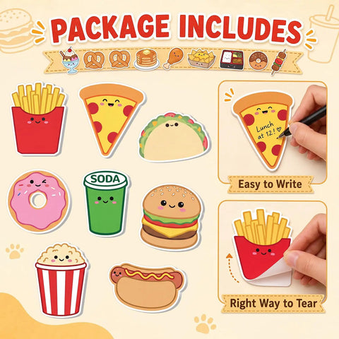 Fast Food Themed Sticky Note Set With 8 Junk Food Shapes, 24 Self Adhesive Note Pads, featuring cute fries and pizza designs.