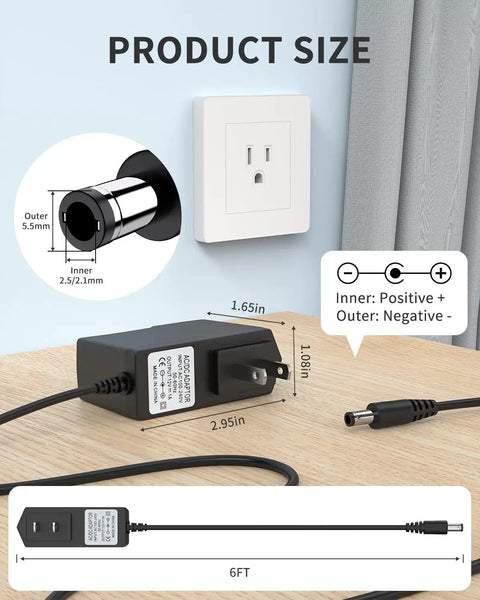 Diagram showing Universal 12V 1A Power Adapter with Dual Barrel Plug 5.5x2.1mm and 2.5mm, 6ft cord, plugged into wall socket