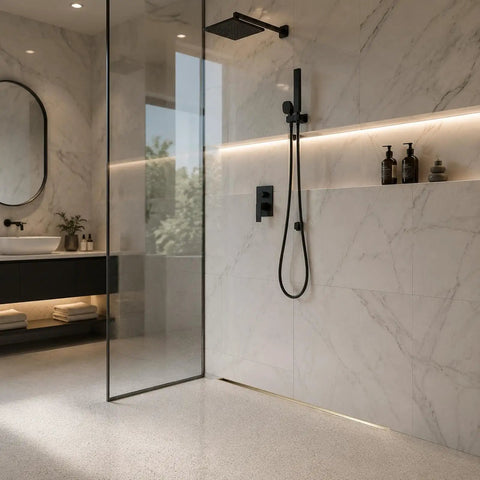 Heavy Duty Stainless Steel Linear Shower Drain With Hidden Wall Design For Sleek Bathroom Setup Hella Smooth Water Flow Dead Simple Install And Channel Vibe You Will Love in a modern bathroom with marble tiles.