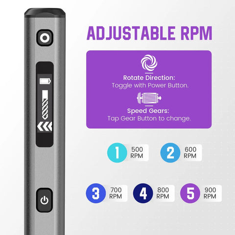 Smooth Operator Mini Electric Drill Pen with Bright Led Torch showing adjustable RPM settings and control buttons on aluminum frame.