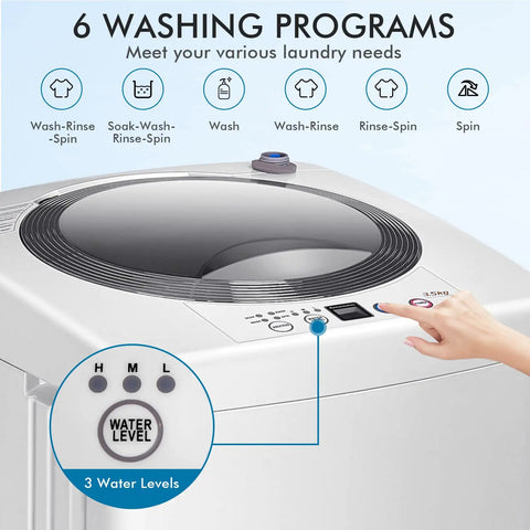 Control panel of Full Auto Portable Washing Machine, 8 Pounds Compact Laundry Washer Spin Dryer Combo With Led Display, three water settings.
