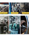 Various scenes of Heavy Duty Hydraulic Gear Puller Kit 5 10 15 20 30 50 Ton With 2 And 3 Jaw in machinery work contexts.