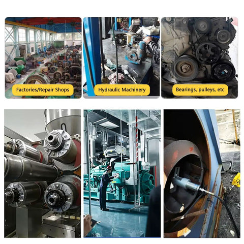 Various scenes of Heavy Duty Hydraulic Gear Puller Kit 5 10 15 20 30 50 Ton With 2 And 3 Jaw in machinery work contexts.