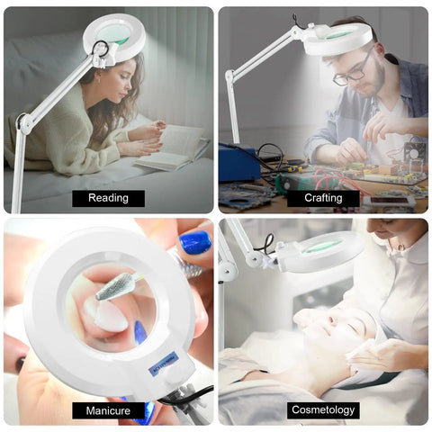 5X Magnifying Glass With Light And Rolling Stand Pro Grade 8 Diopter Real Glass Lens used for reading, crafting, manicure, and cosmetology.