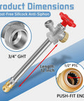 Frost Free Outdoor Sillcock With Anti Siphon Backflow Preventer, Lead Free Brass Frost Proof Faucet Bib With Half Inch Push To Fit Connector And Three Quarter Inch Hose Bibb Spigot showing dimensions and features.