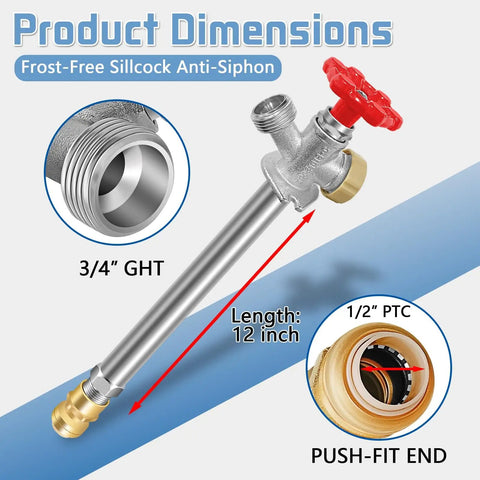 Frost Free Outdoor Sillcock With Anti Siphon Backflow Preventer, Lead Free Brass Frost Proof Faucet Bib With Half Inch Push To Fit Connector And Three Quarter Inch Hose Bibb Spigot showing dimensions and features.